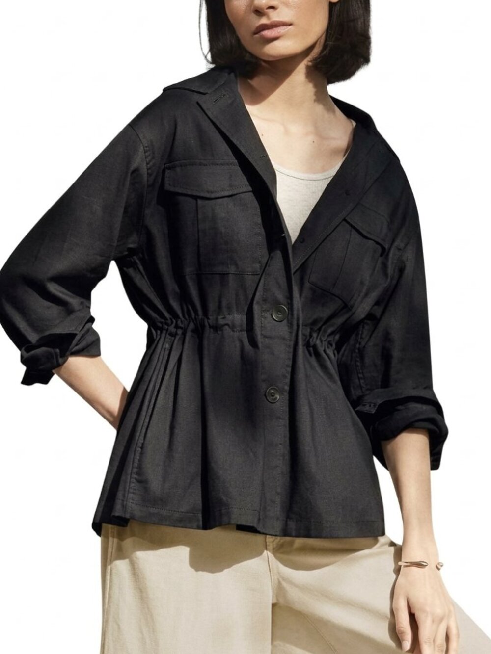 Uniqlo Utility Jacket Black Linen Cotton Draw Waist Cargo Pockets Size Large